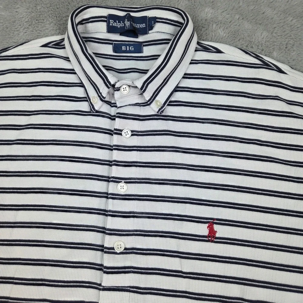 Ralph Lauren Polo Shirt Mens L Big Waffle Knit Striped Button Down White Navy